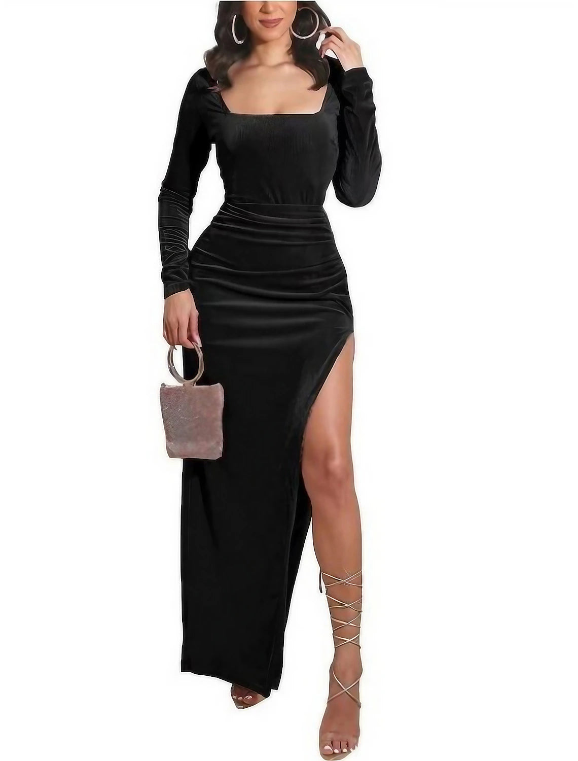Weitese Women's Black Dress Velvet Dress Prom Dress Long Dress Maxi Dress Black Pink Blue Long Sleeve Pure Color Split Spring Fall Winter Square Neck Fashion Winter Dress Wedding Guest Evening Party